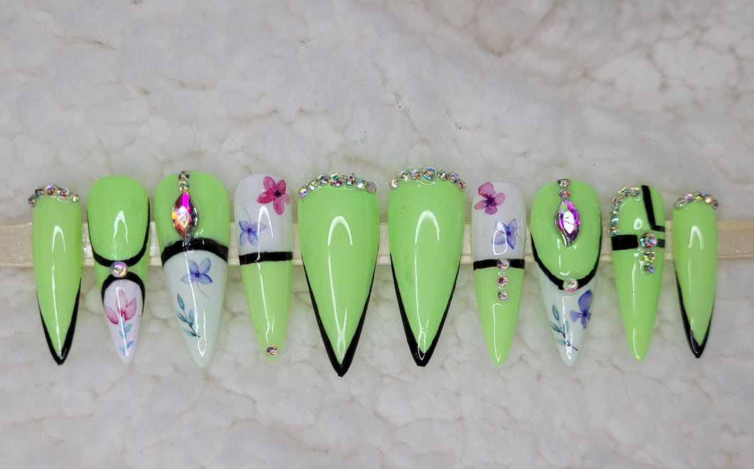 Green Saki Flowers | Press on Nails
