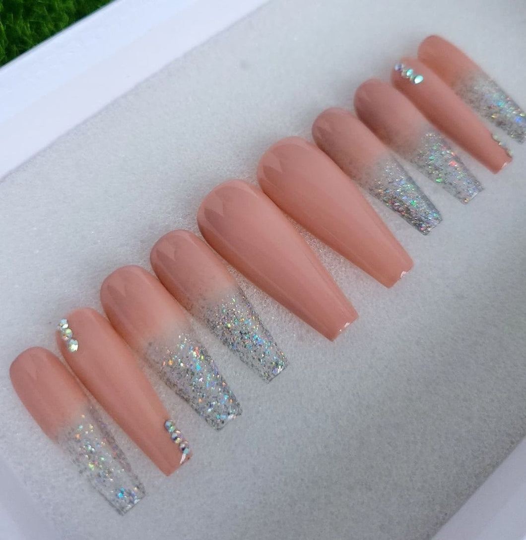 Silver Sparkle Nude n Gemz | Press on Nails