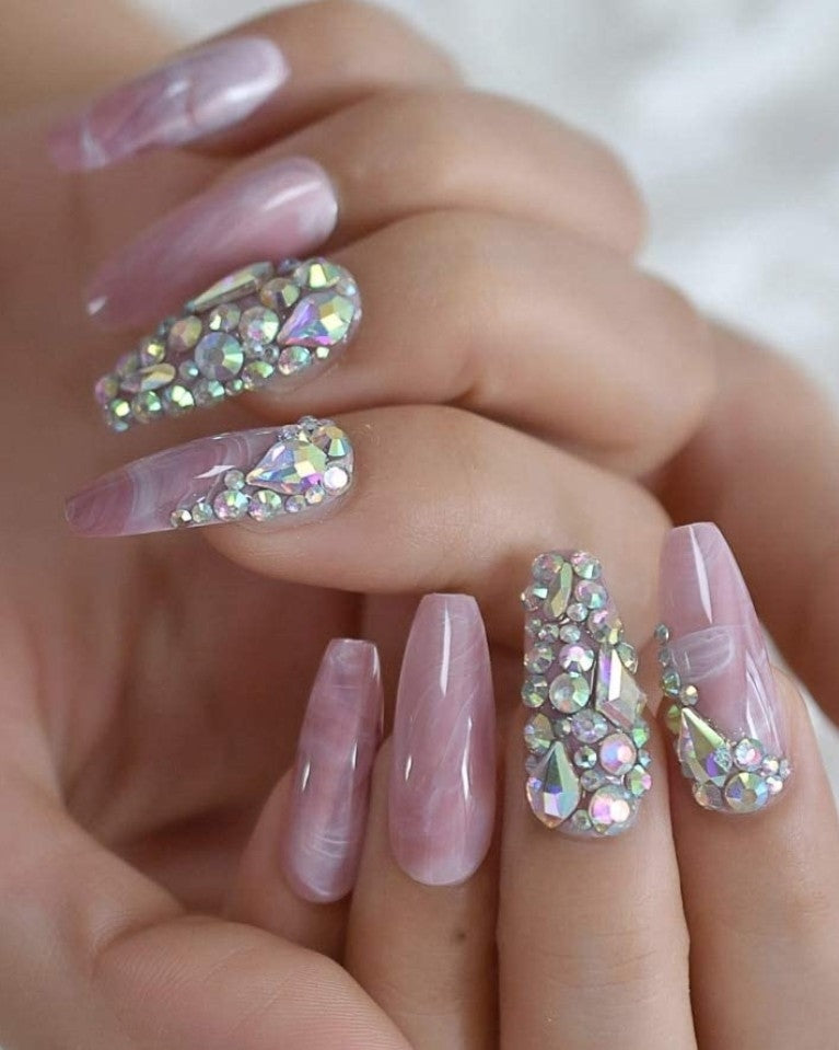 Pink Marble Diamondz | Press on Nails