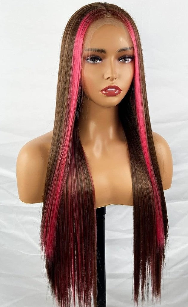 Brown Wig with pink highlights