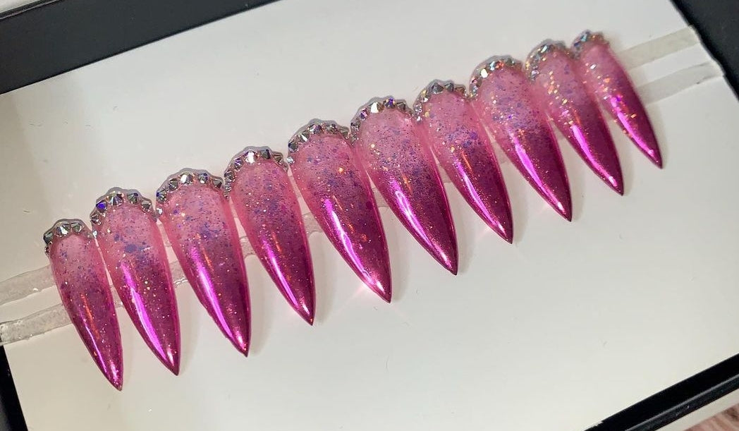 Pink Chrome Sparkle Diamondz | Press on Nails