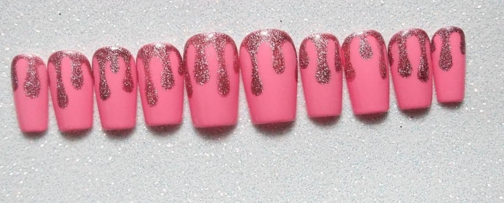 Pink Sparkle Drip | Press on Nails