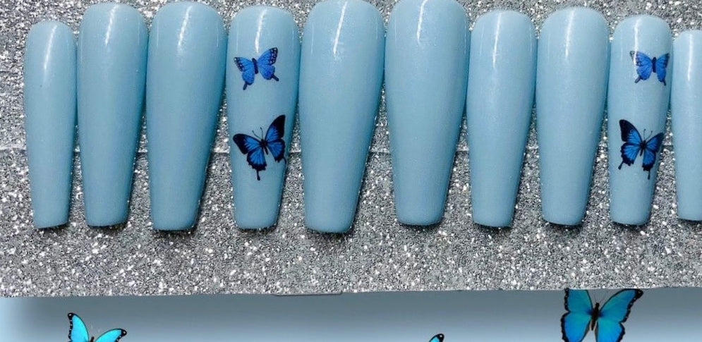 Blue Gloss Butterfliez | Press on Nails