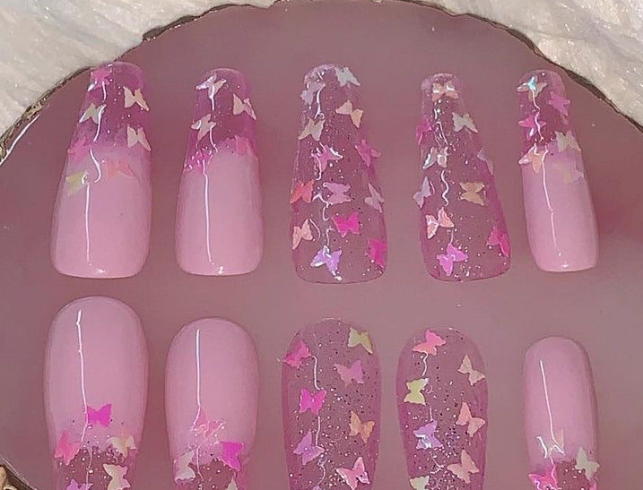 Pink Butterfly Jelly Sparkle | Press on Nails