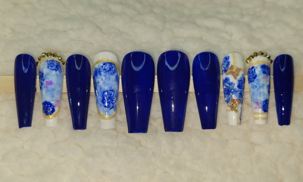 Royal Blue Gold Floral | Press on Nails