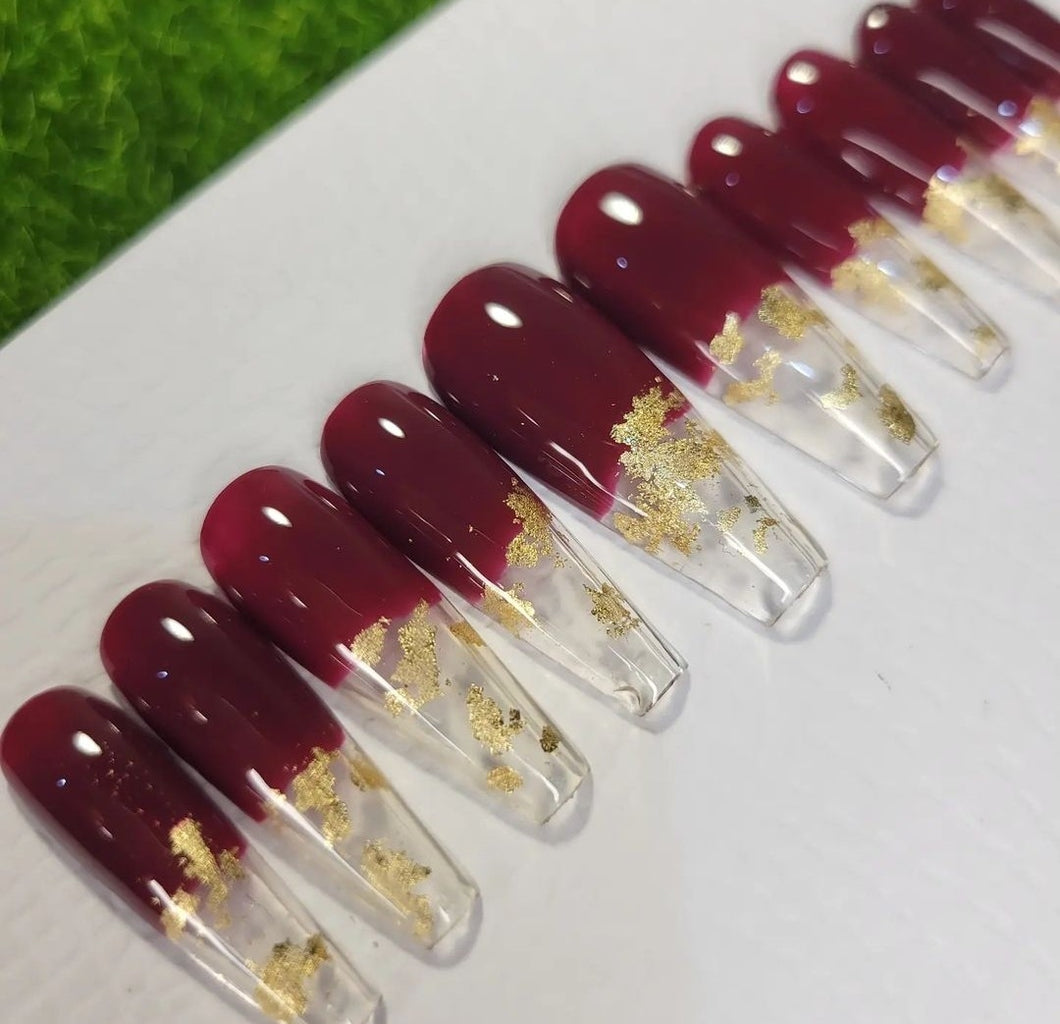 Red wine Gold Flakes | Press on Nails
