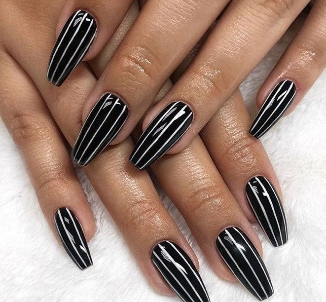 Black Striped White | Press on Nails