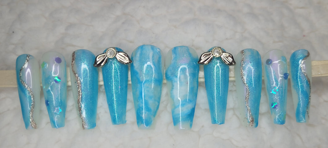 Blue Iced Marble Gemz | Press on Nails