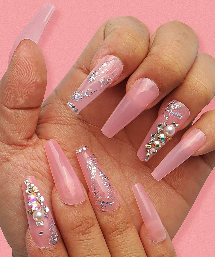 Rose Pink Pearl Gem Sparkle | Press on Nails